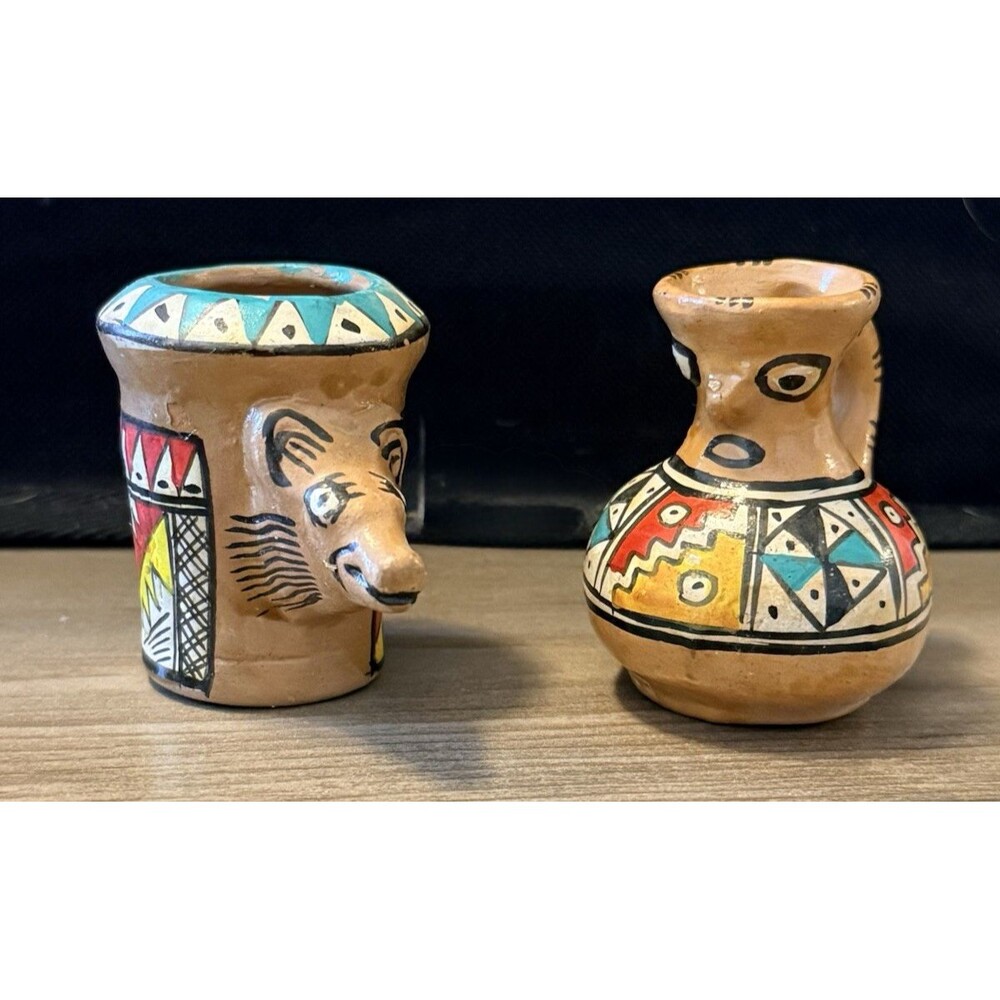Vintage Miniature Mexican Hand Painted Pottery Water Jug & Vase 2"